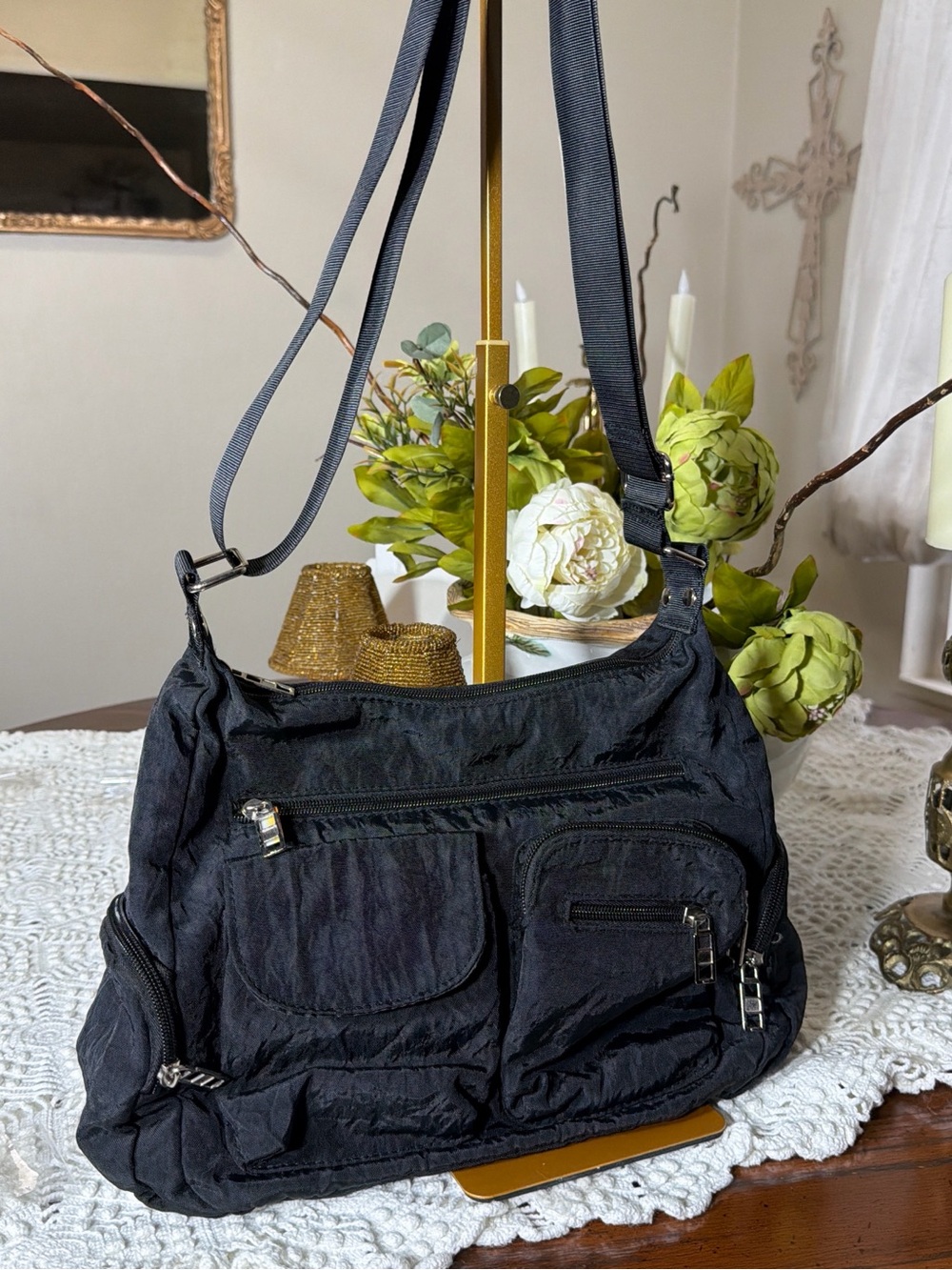 Bueno Black Nylon Crossbody Bag with Multiple Front Pockets